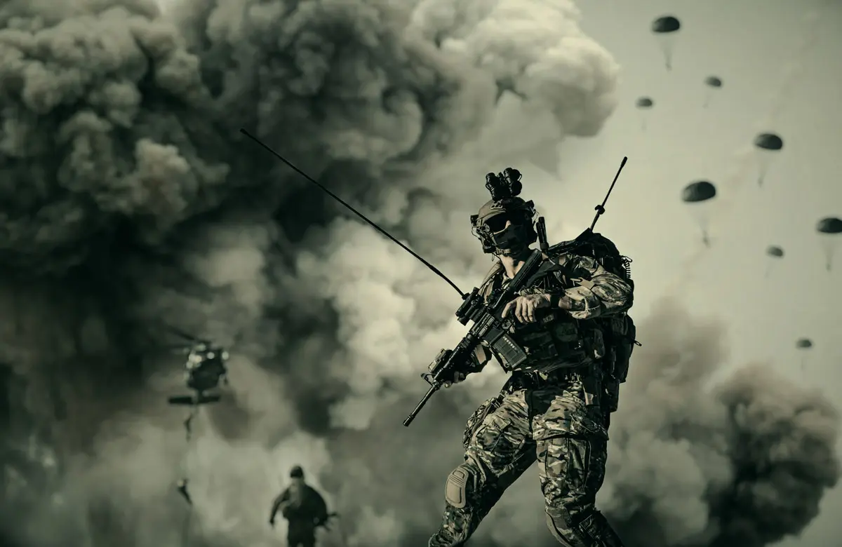 Two U.S. soldiers in gear, amid explosion and descending parachutes.