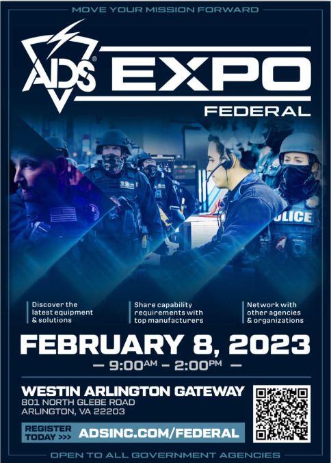 ADS Expo Federal event poster. February 8, 2023. 9am-2pm. Westin Arlington Gateway, 801 North Glebe Road, Arlington Va 22203